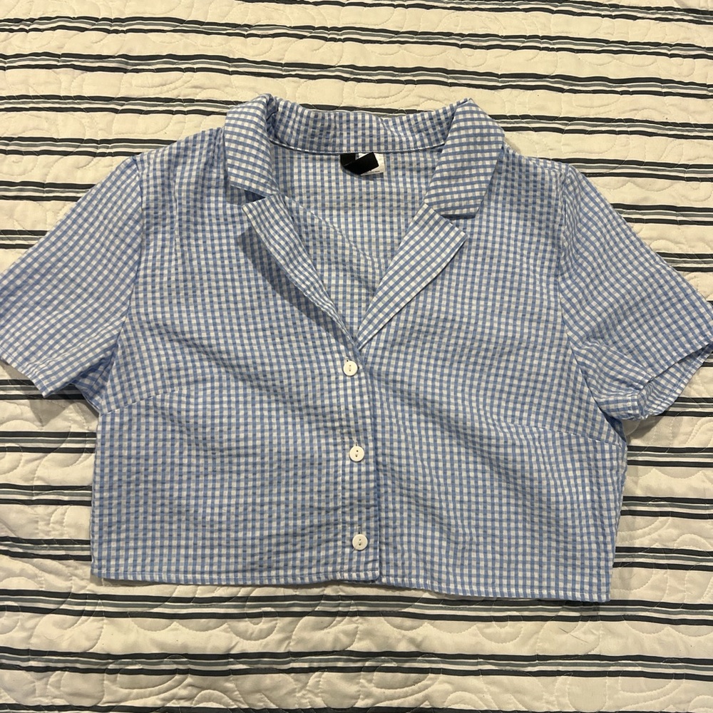 H&M Blue Gingham Crop Top Seersucker Size 8/EU 40